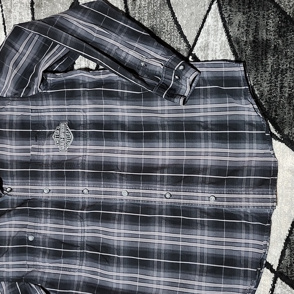 GENUINE HARLEY DAVIDSON EMBROIDERED BLACK & GRAY PLAID BUTTON LONG-SLEEVED SHIRT - Picture 8 of 14
